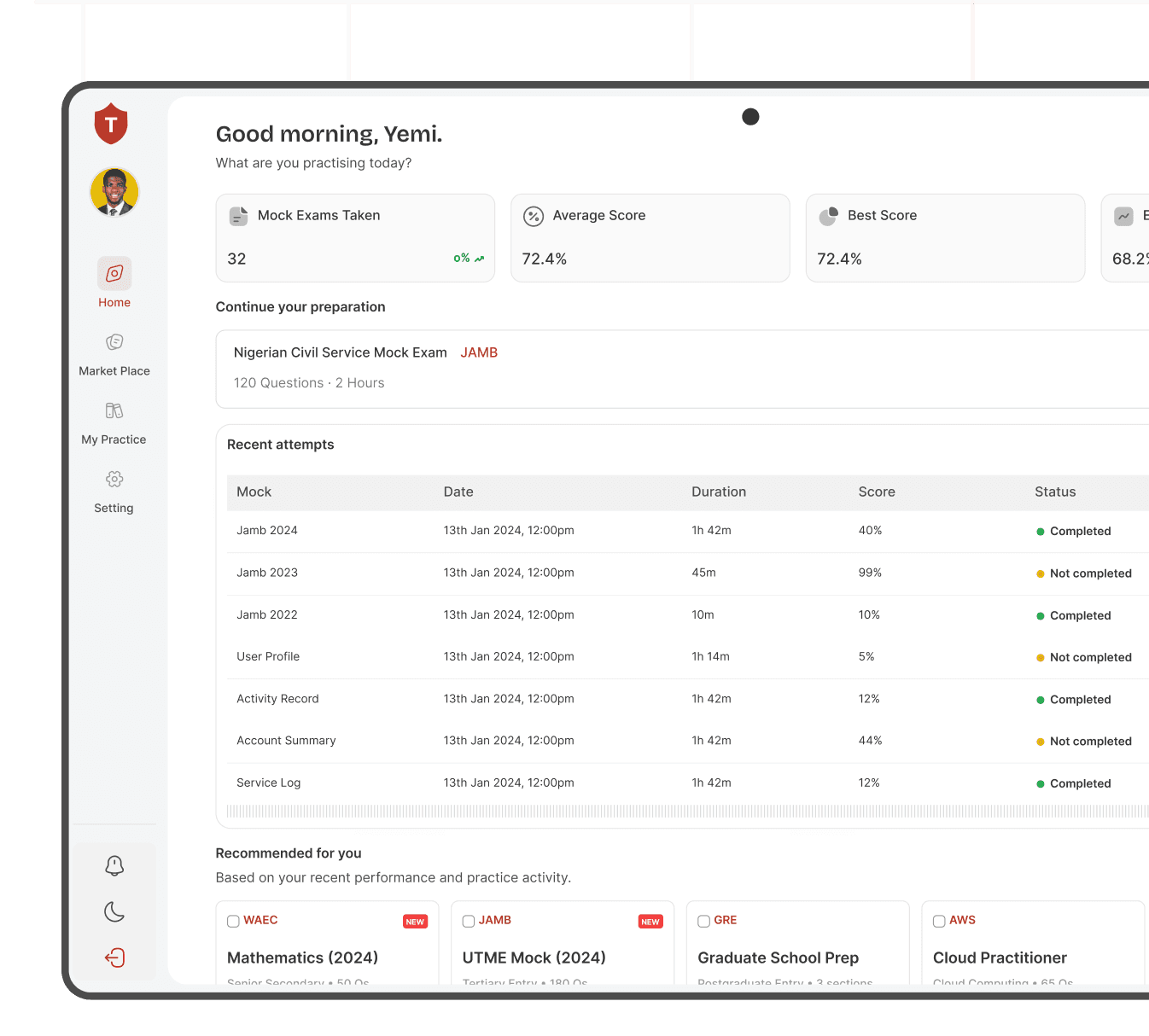 The TDARS individual dashboard: mock exams taken, average score, recent attempts and recommended practice.